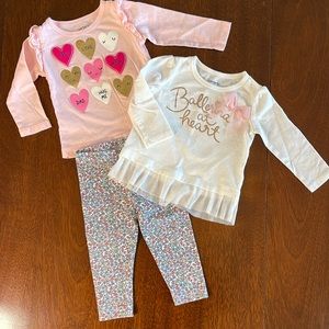 9 months lot, 2 long sleeve shirts 1 pant stretchy ballerina hearts floral girl
